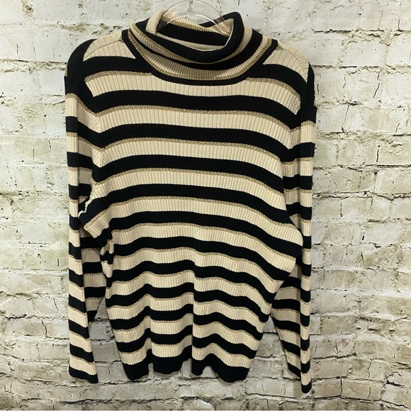 Lane Bryant Beige Black Gold Striped Ribbed Turtleneck - Picture 1 of 4